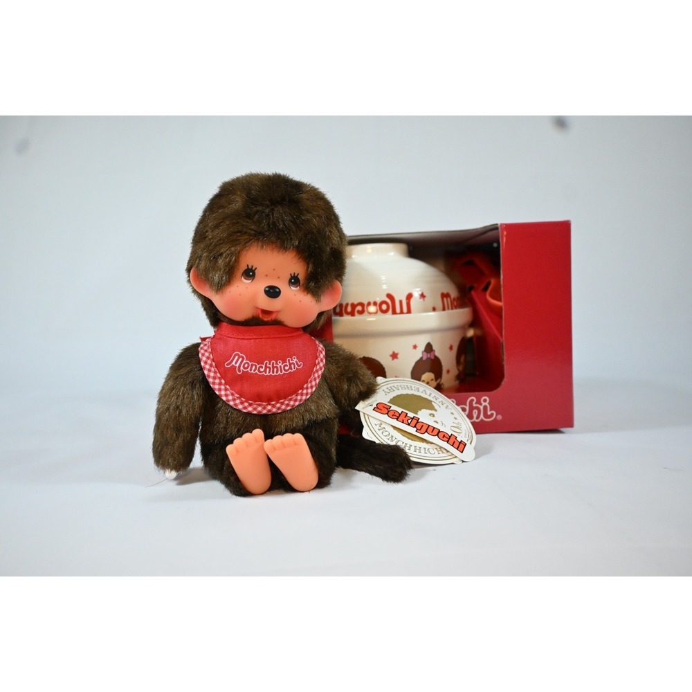 Monchhichi Plush Doll + Noodle Bowl Set w/ Box Sekiguchi Japan Lot Collectable